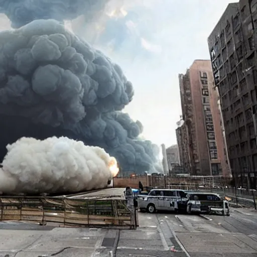 Image similar to A nuclear warhead is exploding in the middle of a city.