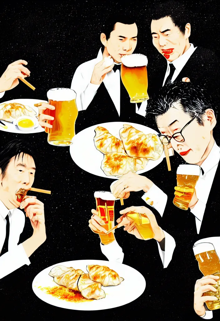 Image similar to two businessmen eating gyoza and drinking beer at an outdoor table in nighttime izakaya in shinbashi tokyo, japan, a collage painting, in the style of wes anderson, lola dupre, david hockney, isolated on negative white space background dark monochrome fluorescent neon spraypaint accents volumetric octane render