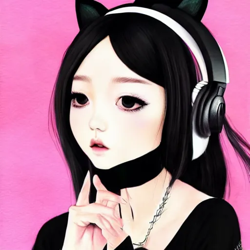 Image similar to realistic beautiful gorgeous natural cute Blackpink Lalisa Manoban black hair cute fur black cat ears, wearing white camisole, headphones, black leather choker artwork drawn full HD 4K highest quality in artstyle by professional artists WLOP, Taejune Kim, Guweiz on Pixiv Artstation