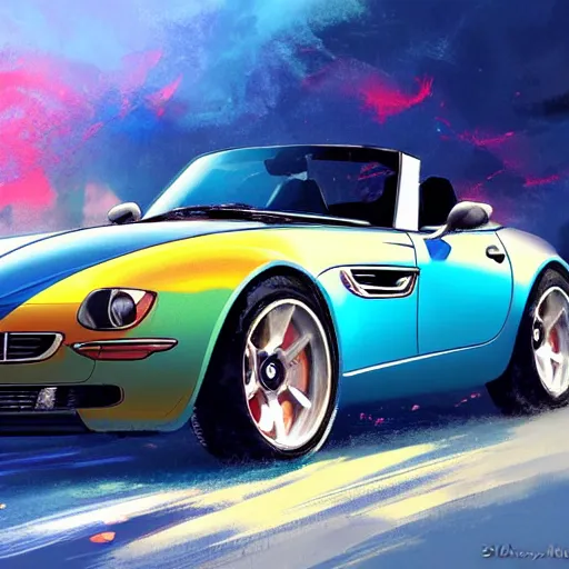 Image similar to bmw z 8 colorful, fantasy, intricate, highly detailed, digital painting, hq, trending on artstation, illustration, style of stanley artgerm and greg rutkowski and dan mumford