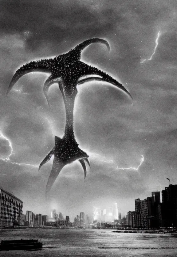 Image similar to Pulgasari the North Korean starfish monster destroying Pyongyang city, volumetric lighting, filmstill, produced by Kim Jong-il, Kodachrome, kaiju-eiga, monster movie, communist propaganda, film noir, 35mm film grain, Cooke Varotal 20-100mm T3.1, monochrome, in the style of Ishirō Honda and Akira Kurosawa