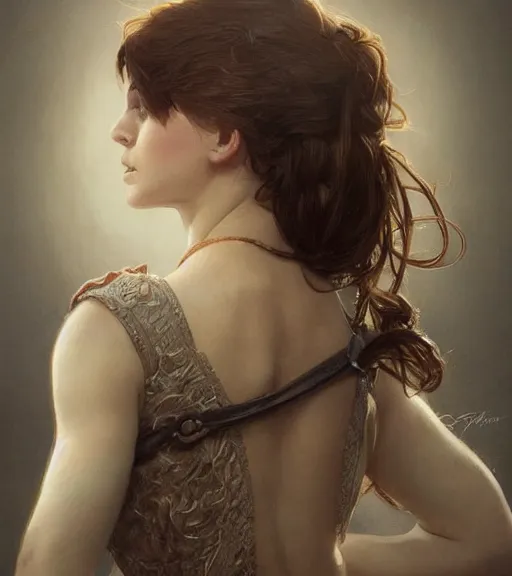 Image similar to portrait of a young woman, soft features, muscular, half body, cloth, hazel eyes, short brown hair, back light, d & d, fantasy, intricate, highly detailed, digital painting, artstation, concept art, smooth, sharp focus, illustration, art by artgerm and greg rutkowski and alphonse mucha