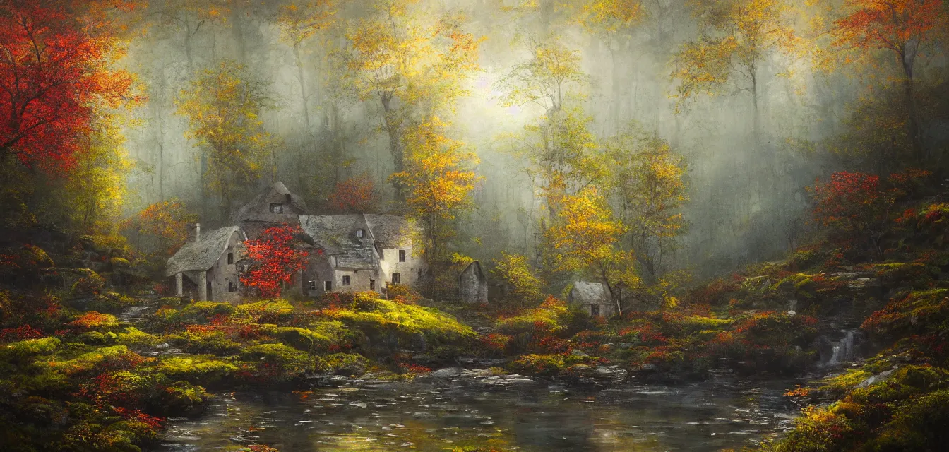 Image similar to a painting of sparse stone cottages underneath a dense tall forest, with pristine reflex from cascading ponds. gorgeous, elegant, sophisticated, an ultrafine painting, intricate brush strokes, bright depth oil colors, photography by araken alcantara. mist diffuse promiseful illumination, autumn sunrise warm light, detailed and intricate environment of hopeful bodyscapes