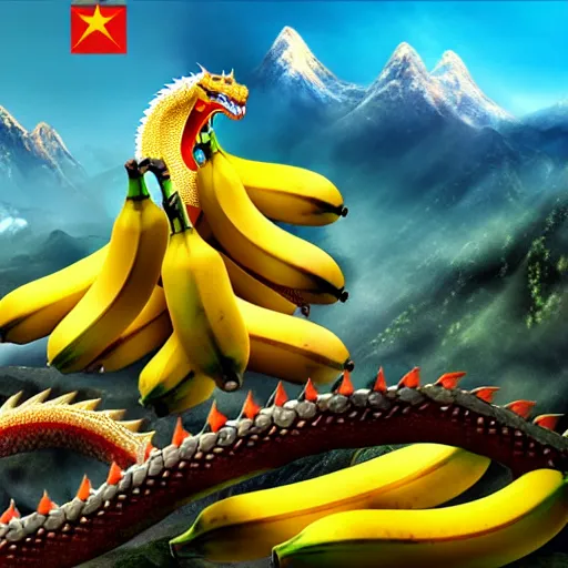 Image similar to Chinese president with bananas, battle with dragon, mountains background, fantasy art, 4k