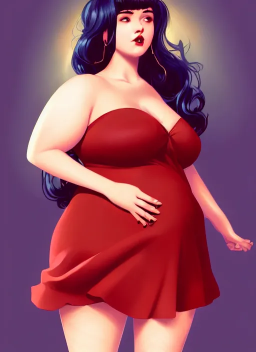 Image similar to full body portrait of teenage veronica lodge, obese, bangs, sultry, realistic, sultry smirk, wavy hair, red skirt, fat, belly, intricate, elegant, glowing lights, highly detailed, digital painting, artstation, concept art, smooth, sharp focus, illustration, art by wlop, mars ravelo and greg rutkowski