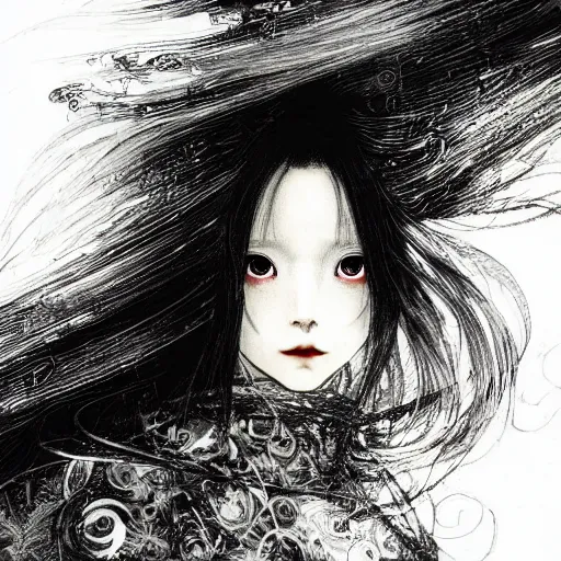 Prompt: yoshitaka amano blurred and dreamy illustration of an anime girl with black eyes, wavy white hair fluttering in the wind wearing elden ring armor with engraving, abstract black and white patterns in the background, noisy film grain effect, highly detailed, renaissance oil painting, weird portrait angle, blurred lost edges, three quarter view