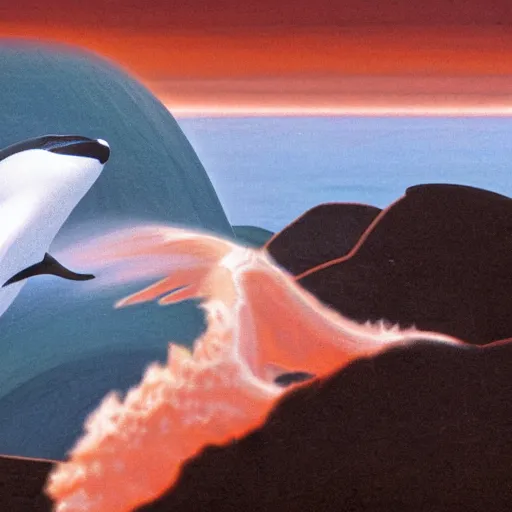 Prompt: a Killer Whale erupts from a turbulent ocean, in the background we see mountains and blue skies, by Chesley Bonestell, as featured on artstation, 3D