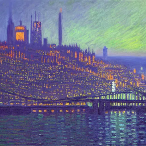 Prompt: Lisbon in 2087, cyberpunk dark academia, by Simon Stålenhag and Claude Monet, oil on canvas