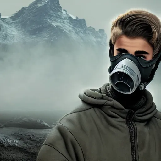 Prompt: justin bieber wearing a gas mask and arctic clothing, vaping thick clouds through the mask, close - up, hyper detailed 3 d matte painting, federico pela + greg rutkowski, hyper detailed 3 d render by unreal engine