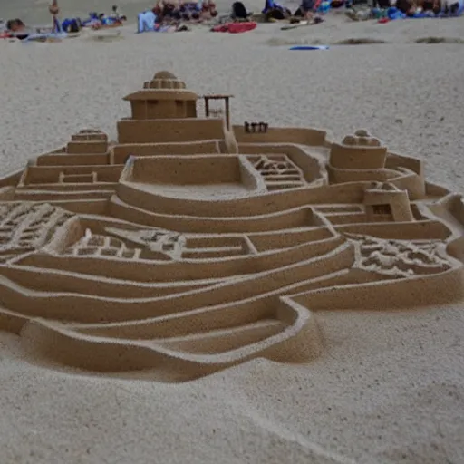 Prompt: miniature neighborhood made out of sand on the beach