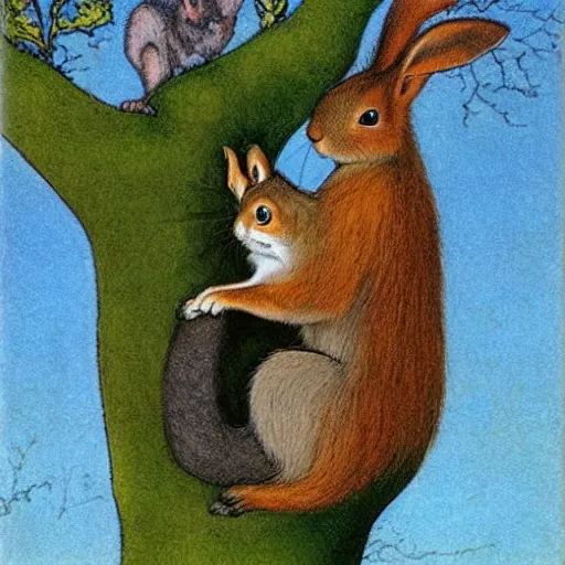 Prompt: two squirrels sitting in a tree, a rabbit sits underneath the tree, in the style of john bauer