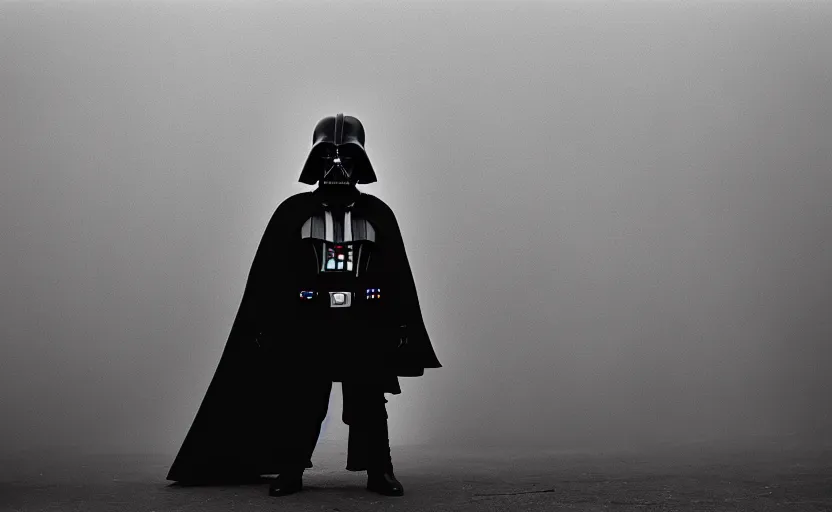 Image similar to cinestill 5 0 d candid photographic portrait by helen levitt of darth vader wearing rugged black mesh techwear, modern cyberpunk moody emotional cinematic, white pale concrete city, dust storm, 8 k, hd, high resolution, 3 5 mm, f / 3 2, ultra realistic faces, ex machina