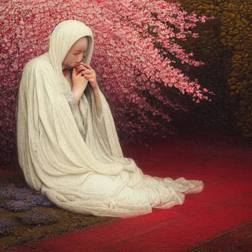 Image similar to a crying woman in a white gown kneeling at a beautiful shrine under a cherry blossom tree, rainy wet, ultradetailed, hd 8 k, agostino arrivabene, oil on canvas, detailed brushstrokes