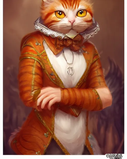 Image similar to High Fantasy whimsical portrait painting of a wise anthropomorphic humanoid ginger cat with big bushy eyebrows, upper body, wearing fantasy formal clothing, wearing fantasy clothing, cgsociety, trending on artstation, dnd