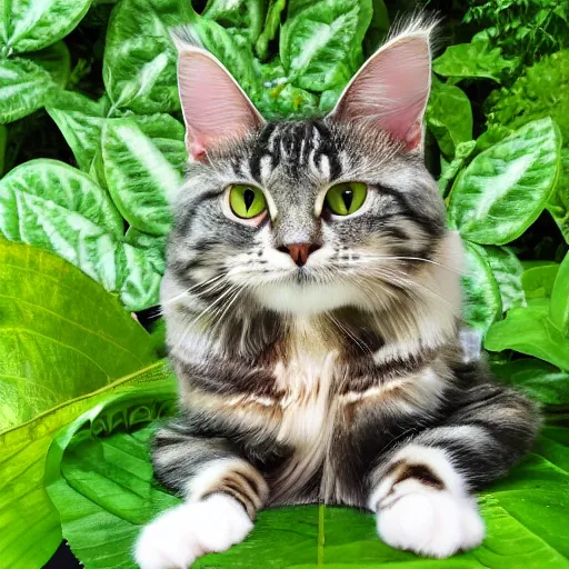 Image similar to a maincoon cat among big green leaves, realistic, very detailed,