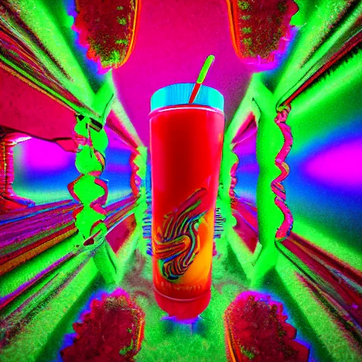 Prompt: cherry limeade smoothie, good trip vibes, intricate complexity, surreal horror, psychedelic glitch art, neon rainbow drip paint, trending on art station, photoreal, 8 k, octane render