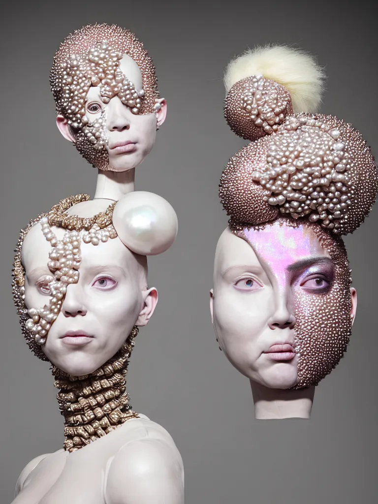 Prompt: portrait of a biomechanical goddess wearing a big pearl studded iridescent beauty mask and pink hair buns, wearing a black bodysuit by alexander mcqueen, cream white background, soft diffused light, biotechnology, humanoid robot, perfectly symmetric, bjork aesthetic, translucent, by rineke dijkstra, intricate details, highly detailed, masterpiece,