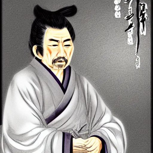 Prompt: Miyamoto Musashi, 120 years old, wearing a white robe, grey beard, grey hair, digital art