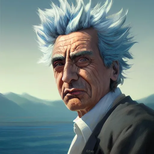 Image similar to rick sanchez closeup portrait, dramatic light, lake background, 2 0 0 mm focal length, painted by stanley lau, painted by greg rutkowski, painted by stanley artgerm, digital art, trending on artstation