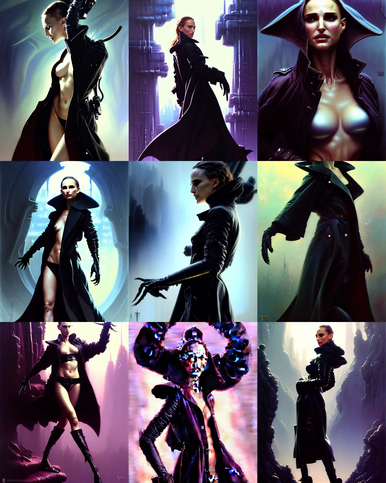 Image similar to beautiful fantasy character portrait, natalie portman, wearing oversized black trench coat, ultra realistic, wide angle, dramatic lighting, vultures, very seductive pose, cyberpunk artifacts, highly detailed by peter mohrbacher, hajime sorayama, wayne barlowe, boris vallejo, aaron horkey, gaston bussiere, craig mullins