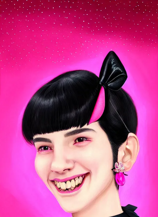 Image similar to portrait of high school girl, realistic, black hair, bangs, half updo hairstyle, pointy nose, skinny, smile, ugly, defined jawline, big chin, pink hair bow, earrings, intricate, elegant, glowing lights, highly detailed, digital painting, artstation, sharp focus, illustration, art by wlop, mars ravelo and greg rutkowski