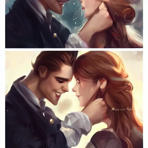 Prompt: He always knew she was the one :: dapper man handsome with beautiful hair and brown eyes, a smile to take your breath away. Cute and mine from the first meeting until the end of time :: in the art style of Charlie Bowater and Gabrielle Ragus :: hd - H 960