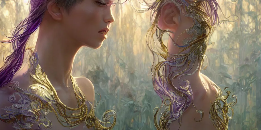 Prompt: wide angle, opalescent purple panther, metallic silver and ice color reflected crystal hair, leaping from babaob tree, fantasy, intricate, very beautiful, elegant, golden light, highly detailed, digital painting, artstation, concept art, smooth, sharp focus, unreal engine, art by wlop and tian zi and alphonse mucha