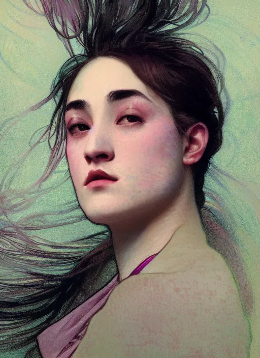 Prompt: JOJI wearing a pink suit elegant suit, singing in the dark, close-up, nighttime, portrait art by alphonse mucha and greg rutkowski, highly detailed, digital painting, concept art, illustration, dim lighting with twilight rays of sunlight, trending on artstation, very detailed, smooth, sharp focus, octane render, close up