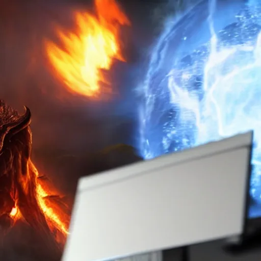 Image similar to burning balrog from lord of the rings sitting behind desk looking at computer screen