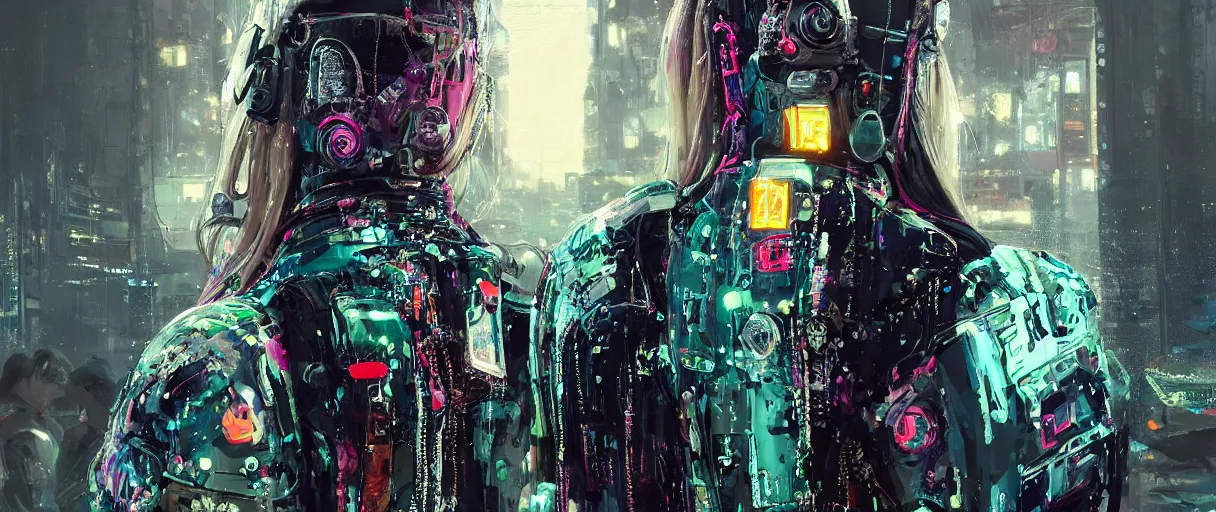 Prompt: detailed portrait neon guard girl with long straight blonde hair seen from the back, cyberpunk futuristic, reflective puffer jacket, black leggings, decorated with traditional ornaments in front of a dystopian crowd with piles of garbage by ismail inceoglu dragan bibin hans thoma, perfect face, fine details, realistic shaded, fine - face, pretty face