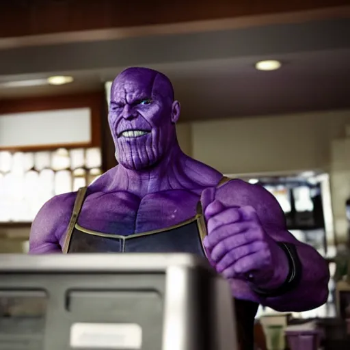 Prompt: a film still of thanos working as a starbucks barista in an upcoming movie, 4 k