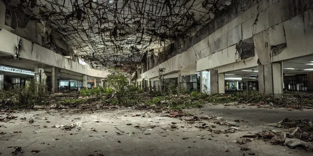 Image similar to overgrown and worn - down abandoned mall at night, award - winning anime scene