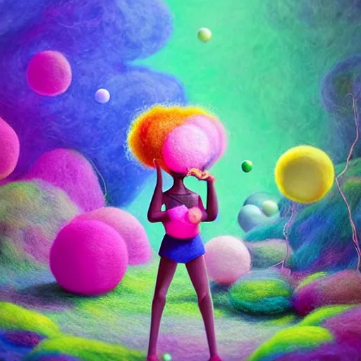 Image similar to a black girl with big beautiful eyes and a colorful afro playing with bubbles in the candy forest, bright colors, synthwave, watercolor, volumetric wool felting, felt, macro photography, children illustration, global illumination, radiant light, detailed and intricate environment, by goro fujita, bokeh!!!!