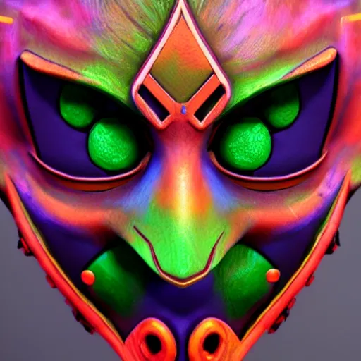 Prompt: majoras mask as a realistic wearable mask. highly detailed image. unreal engine. very colorful.