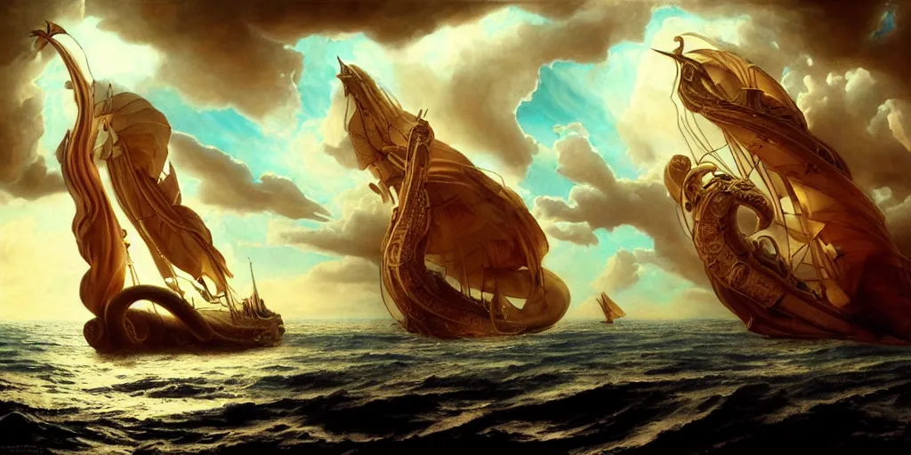 Image similar to Odysseus's ship sailing past a sea serpent, by Rolf Armstrong and Evelyn De Morgan and Bastien Lecouffe-Deharme, dramatic lighting, high contrast colors, baroque, empyrean, panoramic view, as trending on Artstation, highly detailed, doom engine,