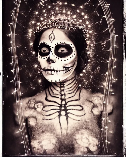 Image similar to tintype virgin mary dressed in dia de muertos makeup high quality photo, microchip, artificial intelligence, bio - mechanical bio - luminescence, black wired cables, neurons, nerve cells, cinematic, rim light, photo - realistic, high detail, 8 k, masterpiece, high fashion, in the style of steven meisel dora maar h. g. giger