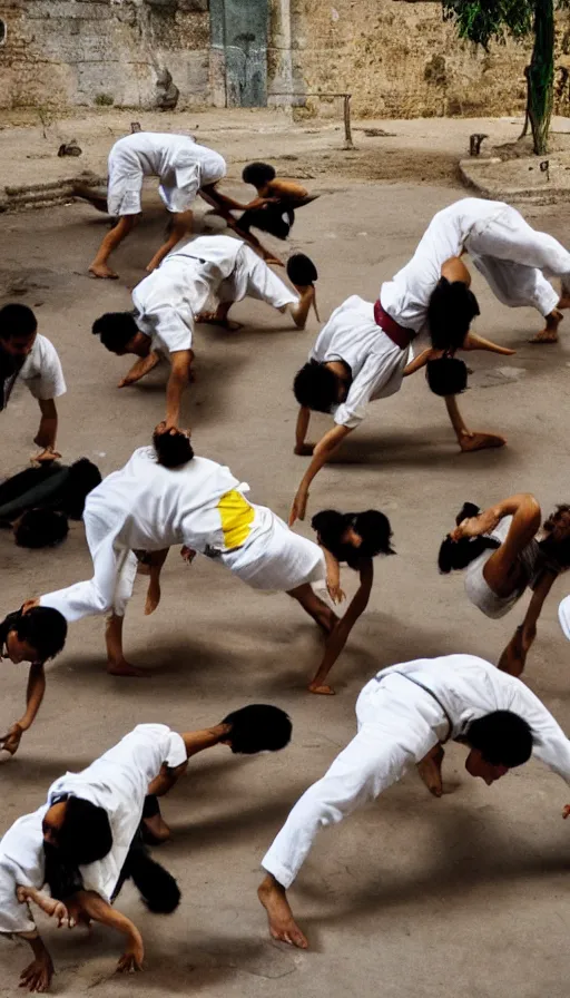 Image similar to wild animals playing capoeira in figueres city, national geographic photograph,