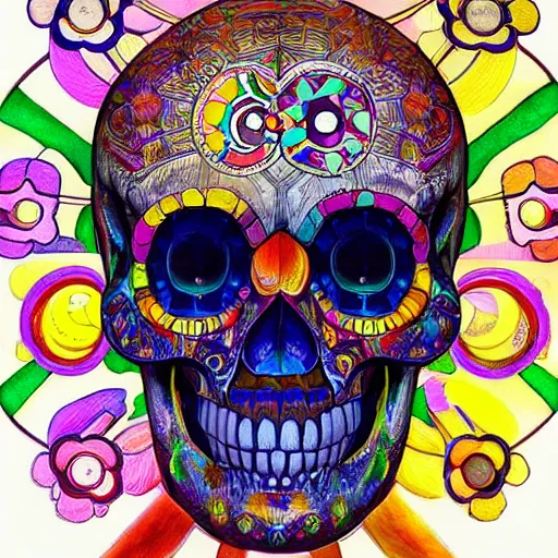 Prompt: colourful upper half portrait of an santeria crystal skull art by takashi murakami, highly detailed, digital painting, ray tracing, concept art, illustration, smooth sharp focus, intricate, symmetry, artstation,