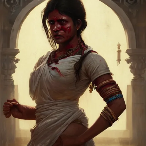 Prompt: portrait painting of a bloodied south indian female butcher, ultra realistic, concept art, intricate details, eerie, highly detailed, photorealistic, octane render, 8 k, unreal engine. art by artgerm and greg rutkowski and alphonse mucha