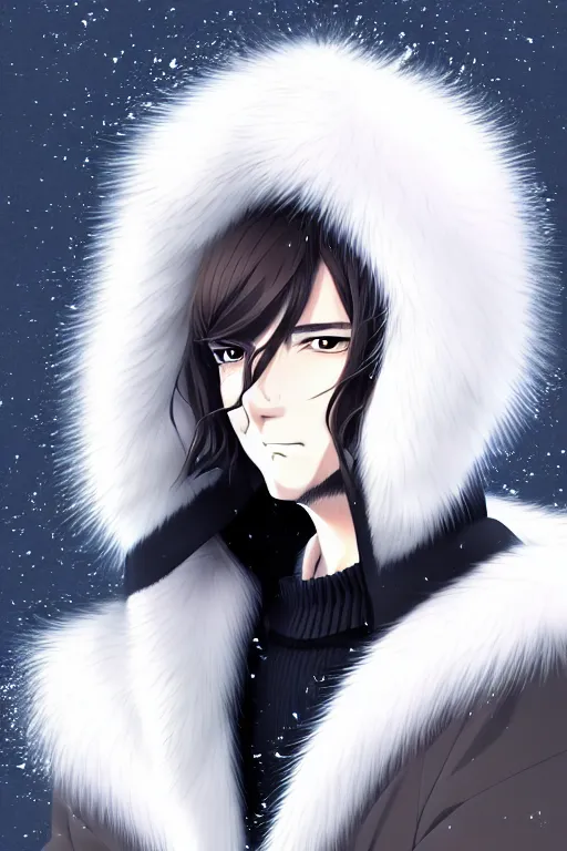 Image similar to anime portrait of a handsome man, dark long hair, side - swept bangs, wearing white fur coat in snow, ilya kuvshinov, anime, pixiv top monthly, trending on artstation, cinematic, danbooru, zerochan art, kyoto animation