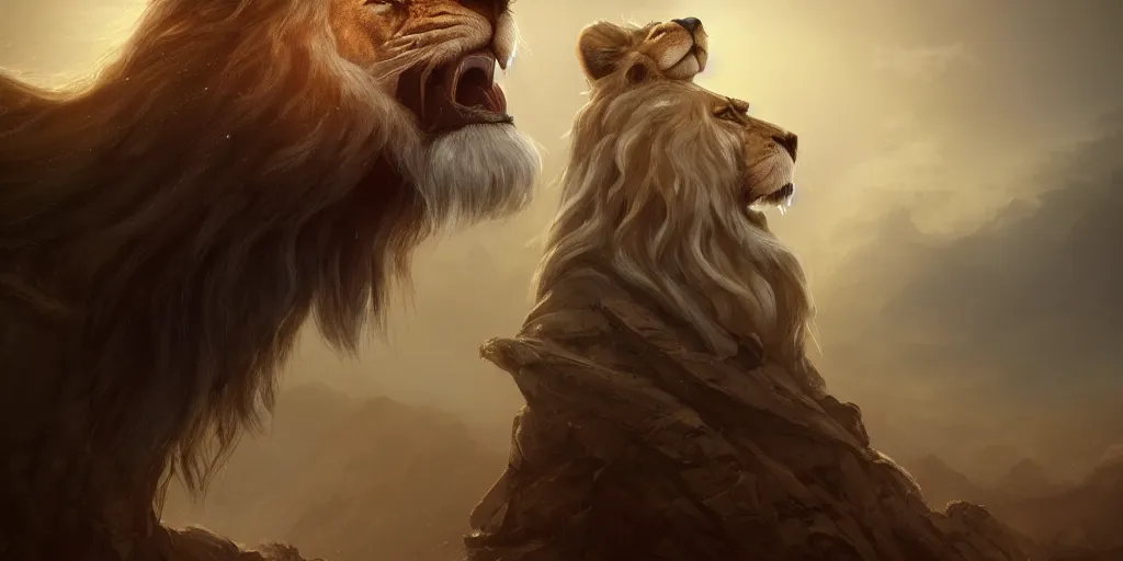 Image similar to alnaqua a hooded wise old man with a long white beard wearing a brown hooded tunic riding on top of a lion, the man is on the lion, he is riding a lion, majestic, epic digital art, cinematic, trending on artstation, superb detail 8 k, wide - angle, masterpiece