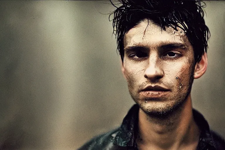 Image similar to a closeup cinematic!! headshot photograph!! of a male wearing a ripped shirt, stood in a tunnel, rain, dirt, film still, cinematic lighting, by bill henson
