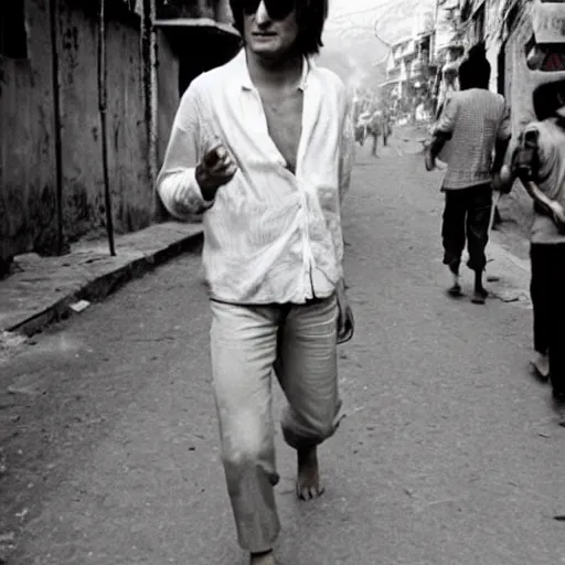 Prompt: john lennon walking barefoot on the streets of kathmandu, 1970s vintage photo