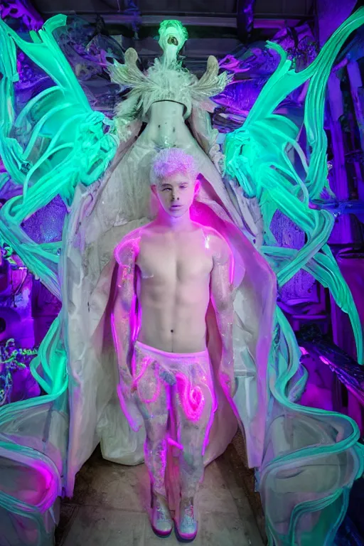 Image similar to photo of full-body rococo and cyberpunk delicate neon crystalline sculpture of ((muscular albino prince Nick Jonas)) as an iridescent humanoid deity wearing a thin see-through ((plastic hooded cloak)) (holding a human skull) in a neon castle dungeon, reclining con (((las piernas abiertas))), glowing pink face, crown of (white lasers), large diamonds, swirling black silk fabric. futuristic elements. oozing glowing liquid, full-length view. space robots. intricate artwork by caravaggio. Trending on artstation, octane render, cinematic lighting from the right, hyper realism, octane render, 8k, depth of field, 3D