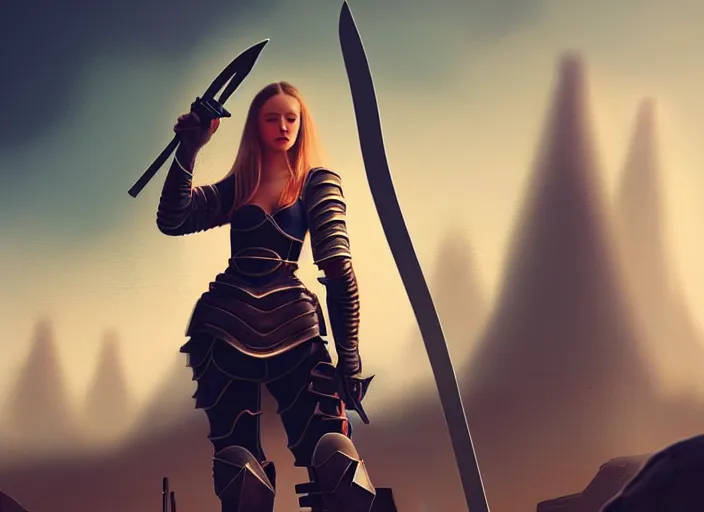 Prompt: landscape of a future city, a young russian woman between the ages of 2 0 - 2 5 years, wearing armor and brandishing a sword, fine art, modern realism, sharp focus, good lighting, trending on artstation, trending on tiktok, smooth drawing, elegant, authoritative, without anomalies.