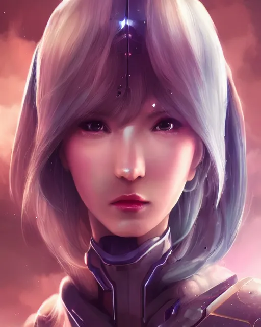 Image similar to perfect android girl, warframe armor, beautiful face, scifi, futuristic, galaxy, nebula, bae suzy, dreamy, long white hair, blue cyborg eyes, cinematic lighting, highly detailed, focused, artstation, divine, by gauthier leblanc, kazuya takahashi, huifeng huang, jama jurabaev