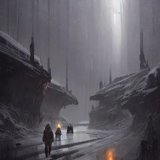 Image similar to star wars concept art by greg rutkowski, a neogothic city in the middle of a snowy forest landscape and near a lake, dark clouds, scarce rays of sunlight, enigmatic atmosphere, artstation hq.