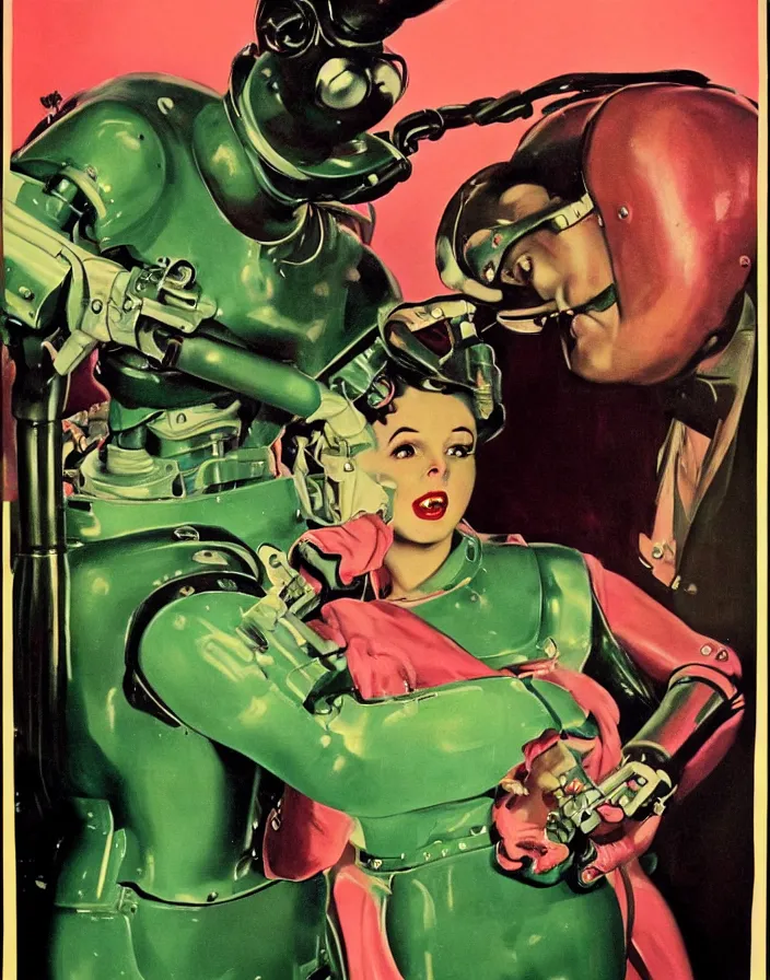 Image similar to a female housewife!!!! being hugged by a manly metal - suited!!! robot!!!!, 1 9 5 0 s horror film movie poster style, ( norman rockwell oil painting ), close - up, tight shot, retro science fiction, vintage, saturated pink and green lighting, shadowy lighting, cohesive!!, photogenic!!