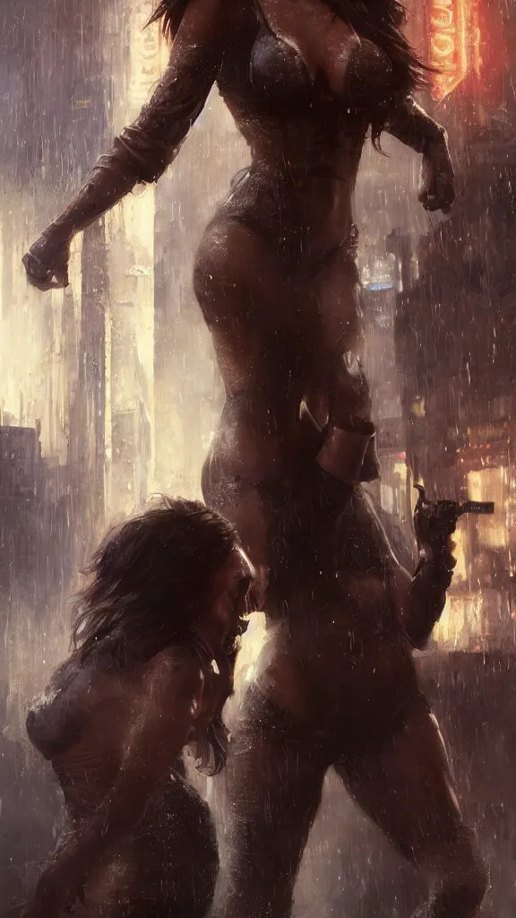 Image similar to bella thorne and megan fox, hyperrealistic full figure, bladerunner street, art of elysium by jeremy mann and frank frazetta, fantasy art, photo realistic, dynamic lighting, artstation, full figure poster, volumetric lighting, very detailed face, 4 k, award winning