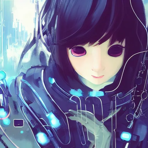 Image similar to Frequency indie album cover, luxury advertisement, blue filter, blue and black colors. Clean and detailed post-cyberpunk sci-fi close-up schoolgirl in asian city in style of cytus and deemo, blue flame, relaxing, calm and mysterious vibes, by Tsutomu Nihei, by Yoshitoshi ABe, by Ilya Kuvshinov, by Greg Tocchini, nier:automata, set in half-life 2, Matrix, GITS, Blade Runner, Neotokyo Source, Syndicate(2012), dynamic composition, beautiful with eerie vibes, very inspirational, very stylish, with gradients, surrealistic, dystopia, postapocalyptic vibes, depth of field, mist, rich cinematic atmosphere, perfect digital art, mystical journey in strange world, beautiful dramatic dark moody tones and studio lighting, shadows, bastion game, arthouse